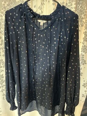 Star Print Navy Long-Sleeve Sheer Blouse